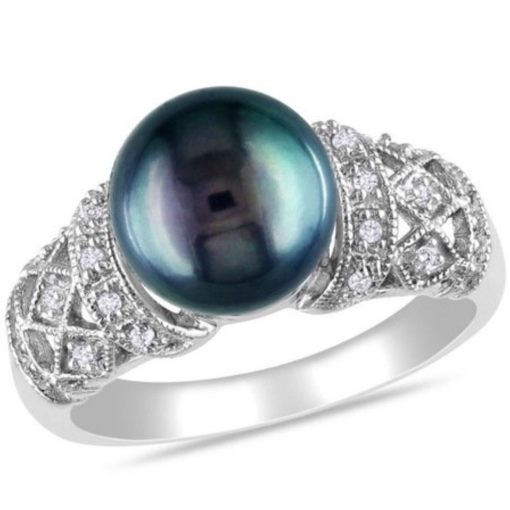 🆕 Black Imitation Pearl & Rhinestone Ring-Sz 6